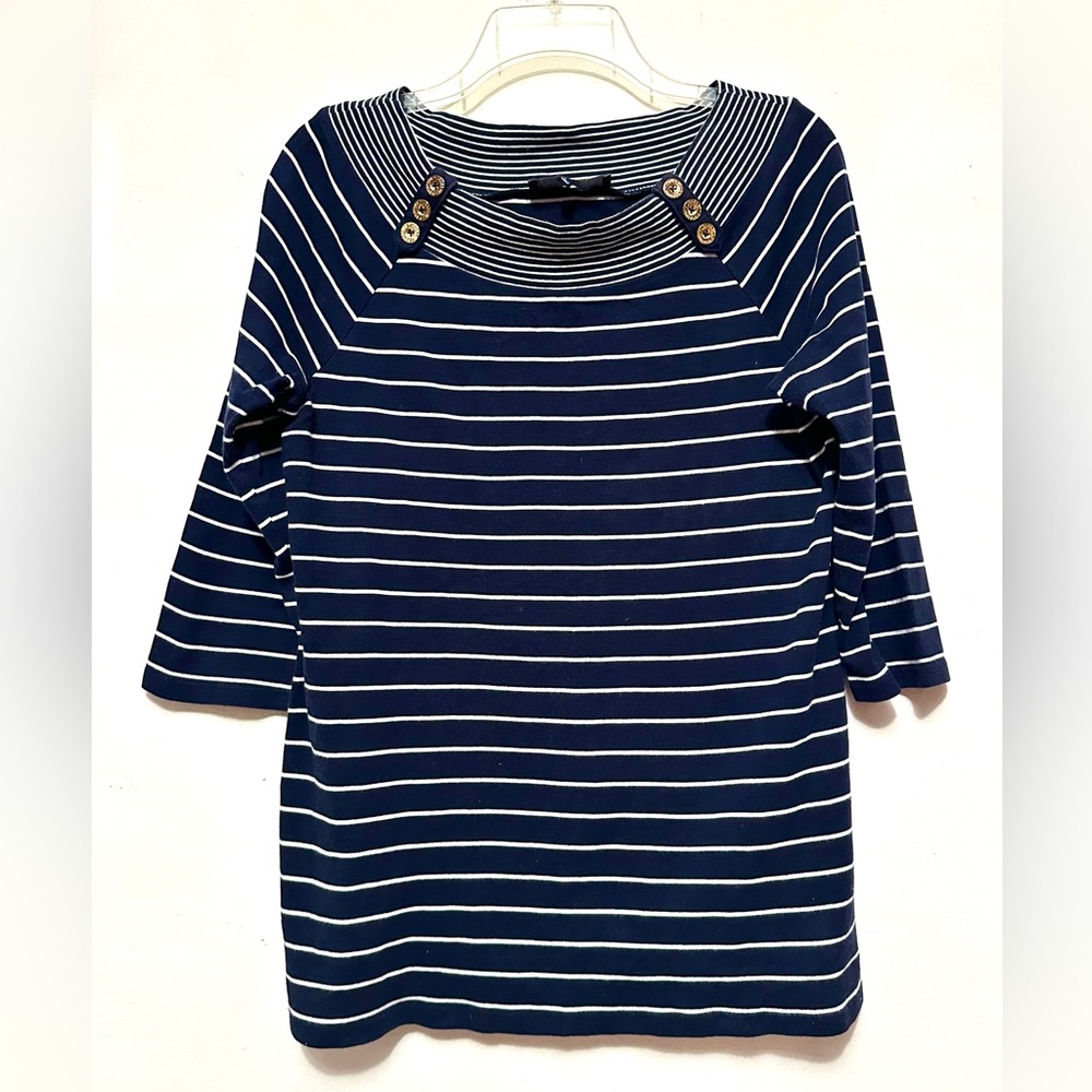 Jones of New York Signature Large Womens Ladies Navy White Striped Shirt Top